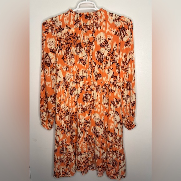Frye Ruffle Neck Button Front Orange Floral Long Sleeve Mini Dress Size M - Picture 4 of 9